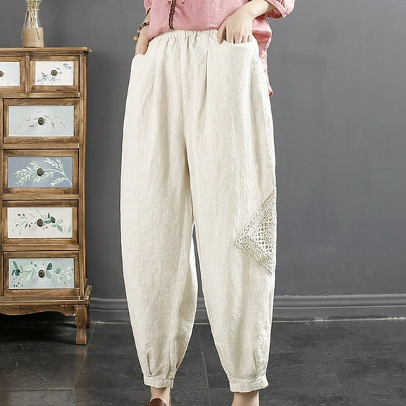 SNKSDGM Women's Plus Womens Sweatpants with Pockets Plus Size Womens Dress Pants Petite Pull on New Literary Retro Plus Size Cropped Harem Pants Lace Patch Women's and Linen Slacks