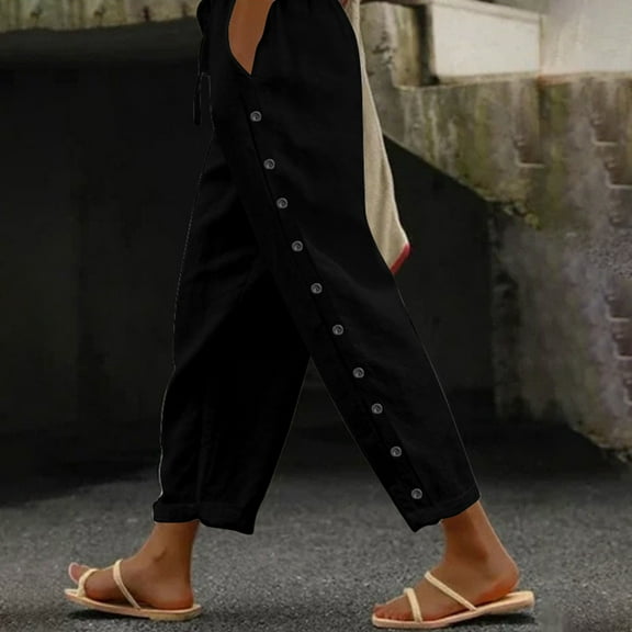 SNKSDGM Women's Plus Womens Sweatpants Tall Long Trousers Pants for Women Petite Short Women's Solid Color Elastic Waist Loose Side Button Decoration Versatile Nine Point Casual Pants