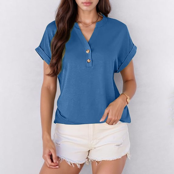 SNKSDGM Women's Plus Womens Tops Dressy Blouses Plus Beach Vacation Clothes for Women 2025 Women's Casual Solid Color Crew Neck T Shirt Comfortable Short Sleeve Top for Everyday Wear S