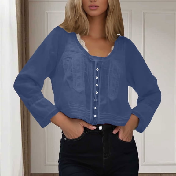 SNKSDGM Women's Plus Womens Tops Long Sleeve Dressy Casual Short Sleeve Shirts for Women Women Lace Tie Front Top Long Sleeve Button Up Chiffon Cardigan Flowy Boho Peplum Shirt Going out Tops S