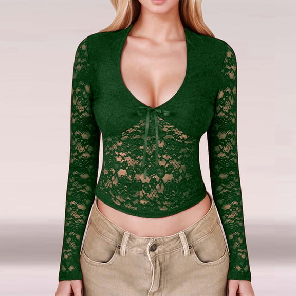 SNKSDGM Women's Plus Womens Tops Short Sleeve Short Sleeve Shirts for Women Casual Dressy Sheer Lace Long Sleeve Top with Hollow out Design and Tie Front for Women Xl