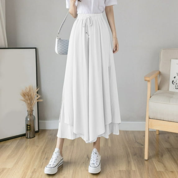 SNKSDGM Women's Plus Work Pants Women High Waisted Elastic Cargo Pants Women High Waisted Women's Summer Commute Solid Color Stylish Chiffon Patchwork Knee Wide Leg Pants