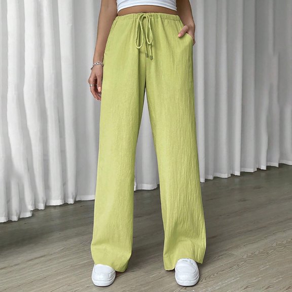 SNKSDGM Women's Plus Work Pants Women Petite Length Black Work Pants Women Straight Leg Ladies Fashion Pure Drawstring Waist Wide Leg Casual Pants