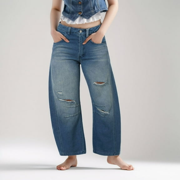 SNKSDGM Women's Plus Work Pants Women Petite Linen Pants Women Petite Dressy Mid Rise Barrel Jeans for Women Wide Leg Mid Waist Cropped Denim Pants Baggy Boyfriend Jeans with Pockets
