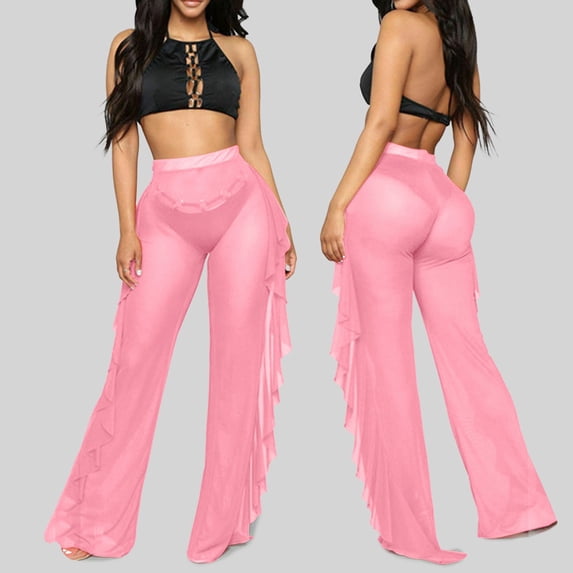 SNKSDGM Women's Plus Work Pants Women Plus Size Stretch Women's Pants Black Women Mesh Ruffle Cover up Pants Beach Cover up Wrap Bikini Shiny Wraps Cover Ups for Swimwear Pants