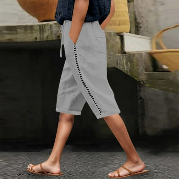 SNKSDGM Women's Plus Work Pants Women Straight Leg Petite Cargo Pants Women Stretchy Jeans Women's Summer Solid Color Side Lace Hollow Lace Drawstring Pocket Casual Cropped Pants