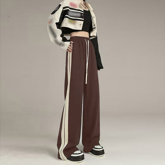 SNKSDGM Women's Plus Work Pants Women Stretch Linen Pants Women Summer Petite Women Fashion Side Striped Pants Brown Sweatpants Straight Leg Sports Casual Pants