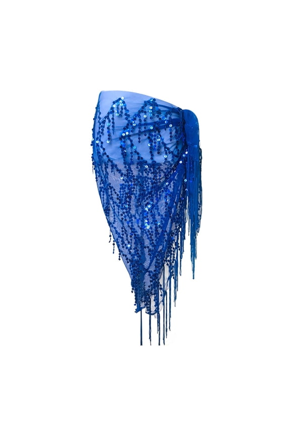 Women's Sequin Fringe Triangle Scarf, Belly Dance Waist Belt Tassel Mesh Wrap for Practice Performance
