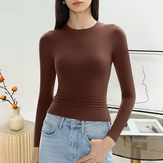 SNKSDGM Women's Tops 3/4 Sleeve Loose fit Women’S Slim Tops Long Sleeve Round Neck Crop Top Tee Shirt Basic Solid Tight Slim fit Cropped Shirt Workout Yoga Womens Tops Dressy Casual with Collar