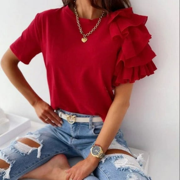 SNKSDGM Womens Tops Casual Summer Independent Station Europe and The United States Border Solid Color Fashion Ruffles Short Sleeves Versatile Crewneck T Shirt In Stock
