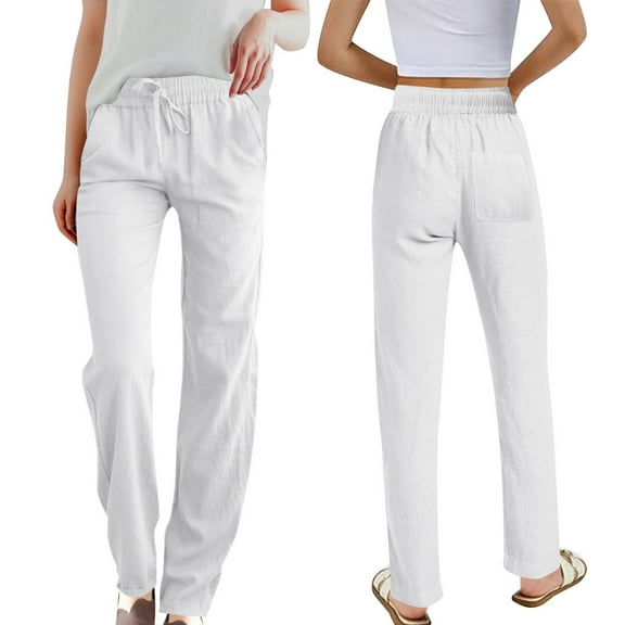 SNKSDGM Work Pants Women Plus Size Jean Women's Summer Solid Color Linen High Waist Elastic Drawstring Pants Lightweight Loose Fit Casual Trousers with Pockets for Comfort and Style Xxl