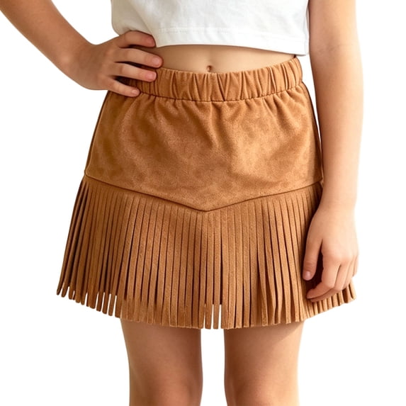 SNKSDGM Young Girls Vintage Western Skort, Multi Color Fringe Mini Skirt Casual Holiday Photo Bottoms Coffee 11-12 Years