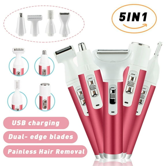 SNNROO 5 In 1 Women Electric Hair Removal Razor, Cordless Ladies Shaver Painless Body Hair Trimmer Remover Rechargeable Epilator for Bikini Facial Nose Ear Eyebrows Leg