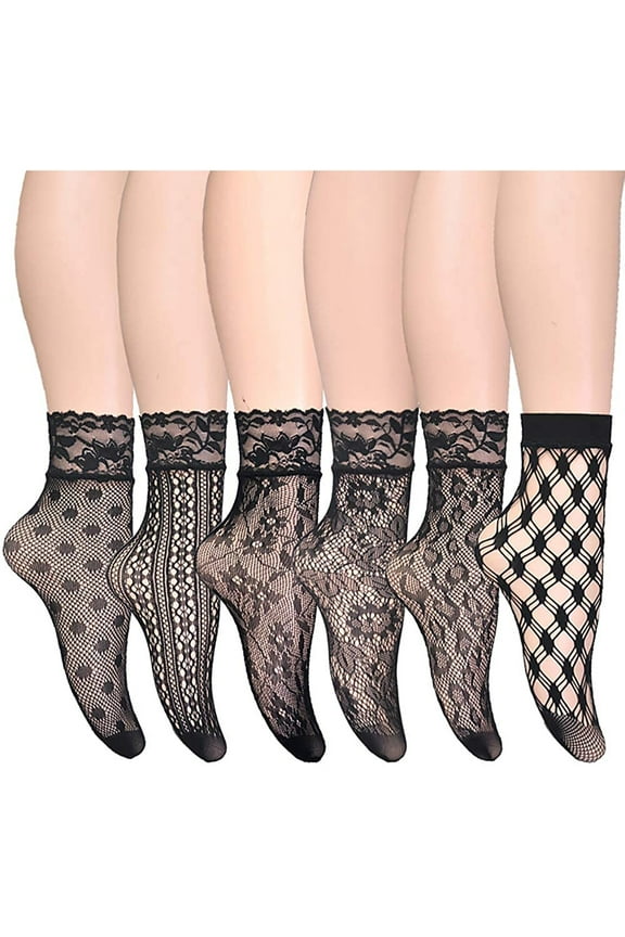6 Pairs Women Lace Anklet Socks, Ruffle Cup Lace Fishnet Socks Ankle Dress Sheer Socks Hollow Out Mesh Net Tight Stocking