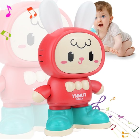 SNNROO Crawling Rabbit Baby Toy Gifts, Infant Tummy Time Toys, Cute Dancing Walking Moving Babies Sensory Induction Rabbit with Light Up Music Red