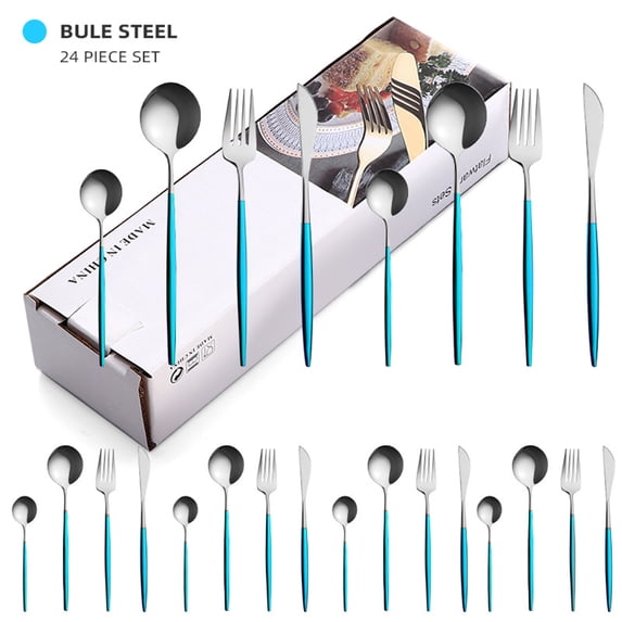 SNNROO Flatware Serving Set 24 Piece, Stainless Steel Silverware Set, Blue Silver Cutlery Set, Modern Elegant Tableware Set for Party, Christmas, Dinner (Blue Silver)