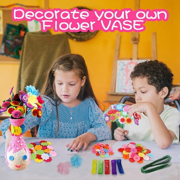SNNROO Flower Craft Kit for Kids - Make Your Own Flower Bouquet with Buttons and Felt Flowers, Vase Art Toy & Craft Project for Children, DIY Activity Gift for Boys & Girls Age 4 5 6 7 8 9 Year Old