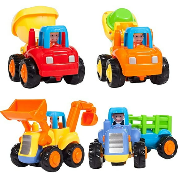 SNNROO Set of 4 Cartoon Friction Powered Push & Play Vehicles for Toddlers - Dump Truck, Cement Mixer, Bulldozer, Tractor