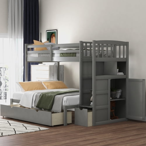 SNNROO Twin over Full/Twin Bunk Bed, Convertible Bottom Bed, Storage Shelves and Drawers, Gray