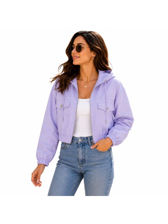 Cropped Hoodie Bomber Jacket, Lightweight Zip Up, Junior Fit