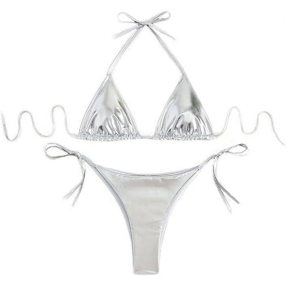 Women's Metallic Bikini Halter Top Two Piece Swimsuit Tie Side Triangle Bikini with Padded Silver Medium