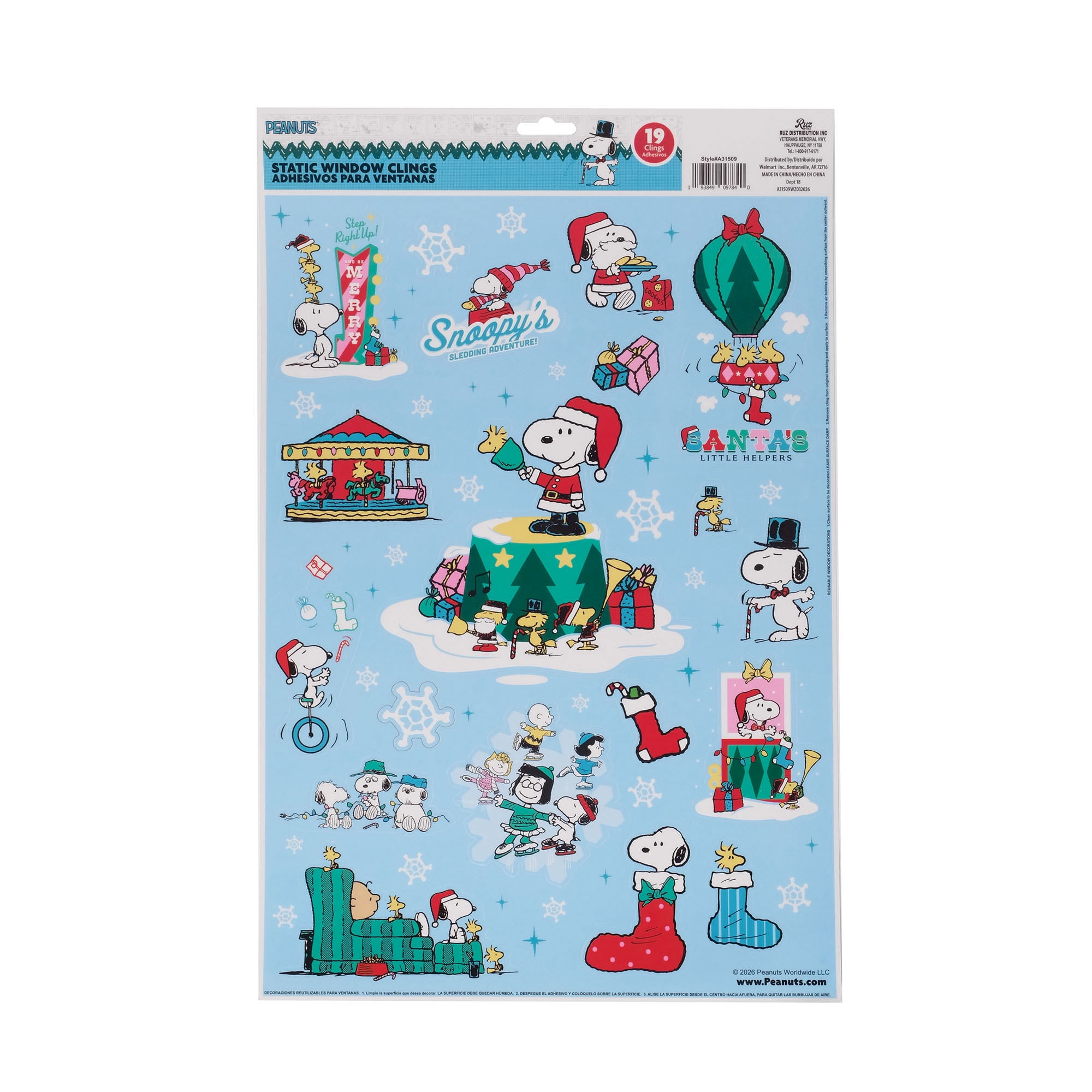 Peanuts Snoopy Christmas Window Clings, 19‑Piece Holiday Static Window Decorations – Snoopy & Woodstock Festive Designs