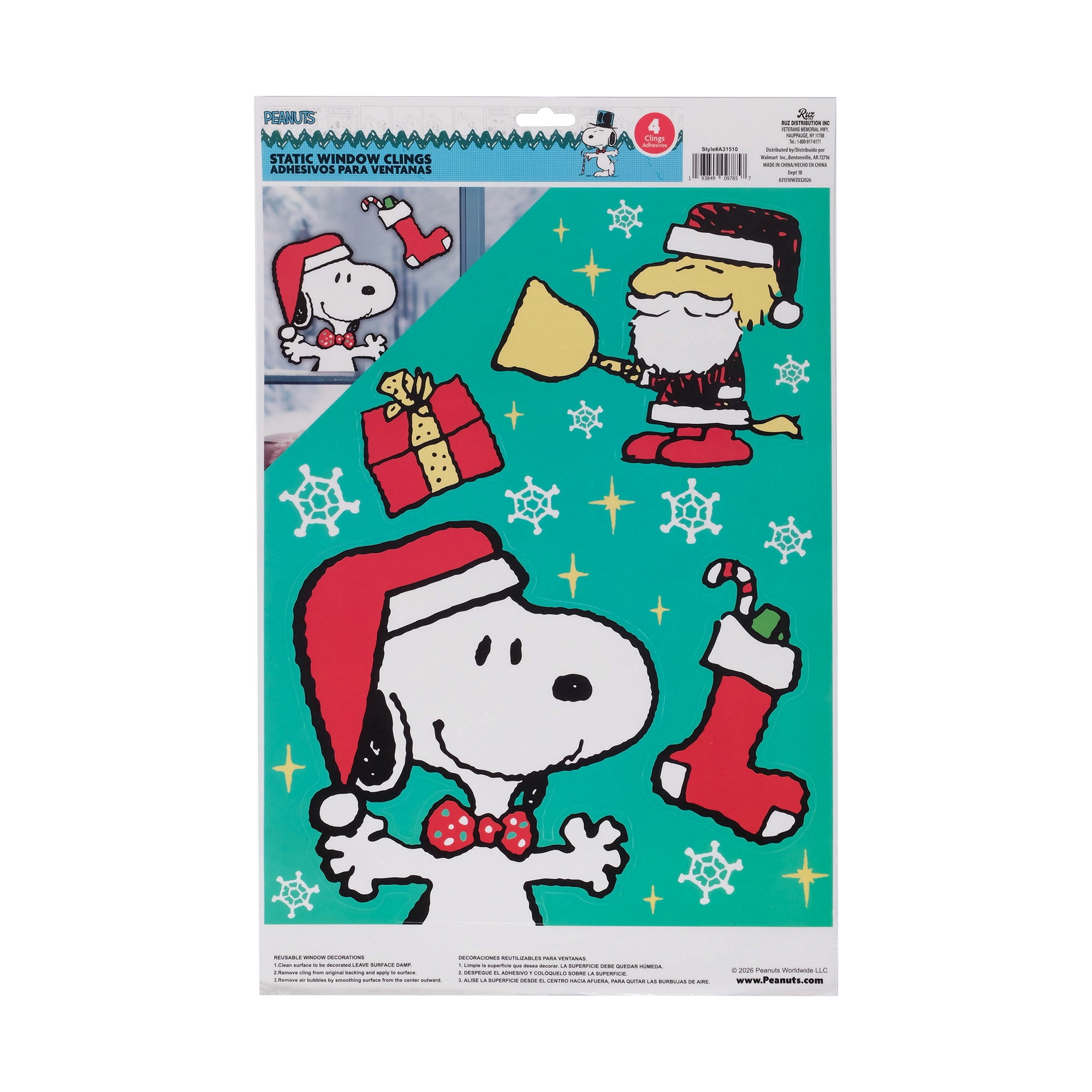 Peanuts Snoopy Christmas Static Window Clings Decor for Vehicles, 4-Piece Set