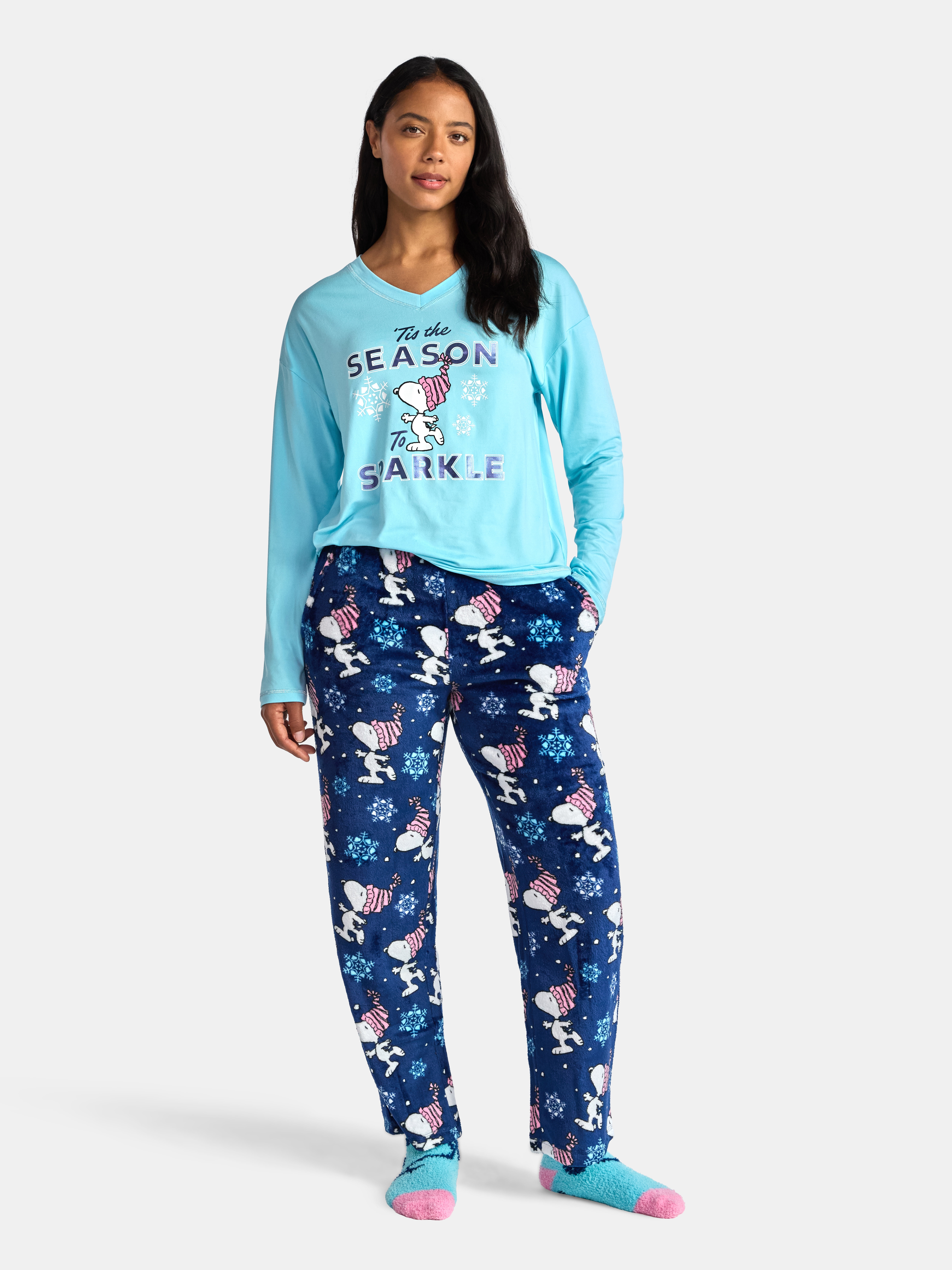 Peanuts Women's and Women’s Plus Top, Pants and Socks Holiday Sleep Gift Set, 3-Piece, Sizes XS-3X