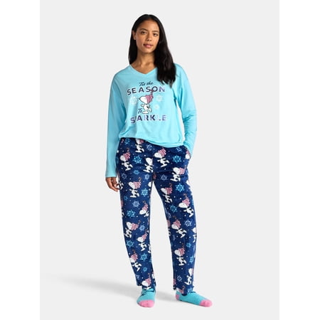 Peanuts Women's and Women’s Plus Top, Pants and Socks Holiday Sleep Gift Set, 3-Piece, Sizes XS-3X