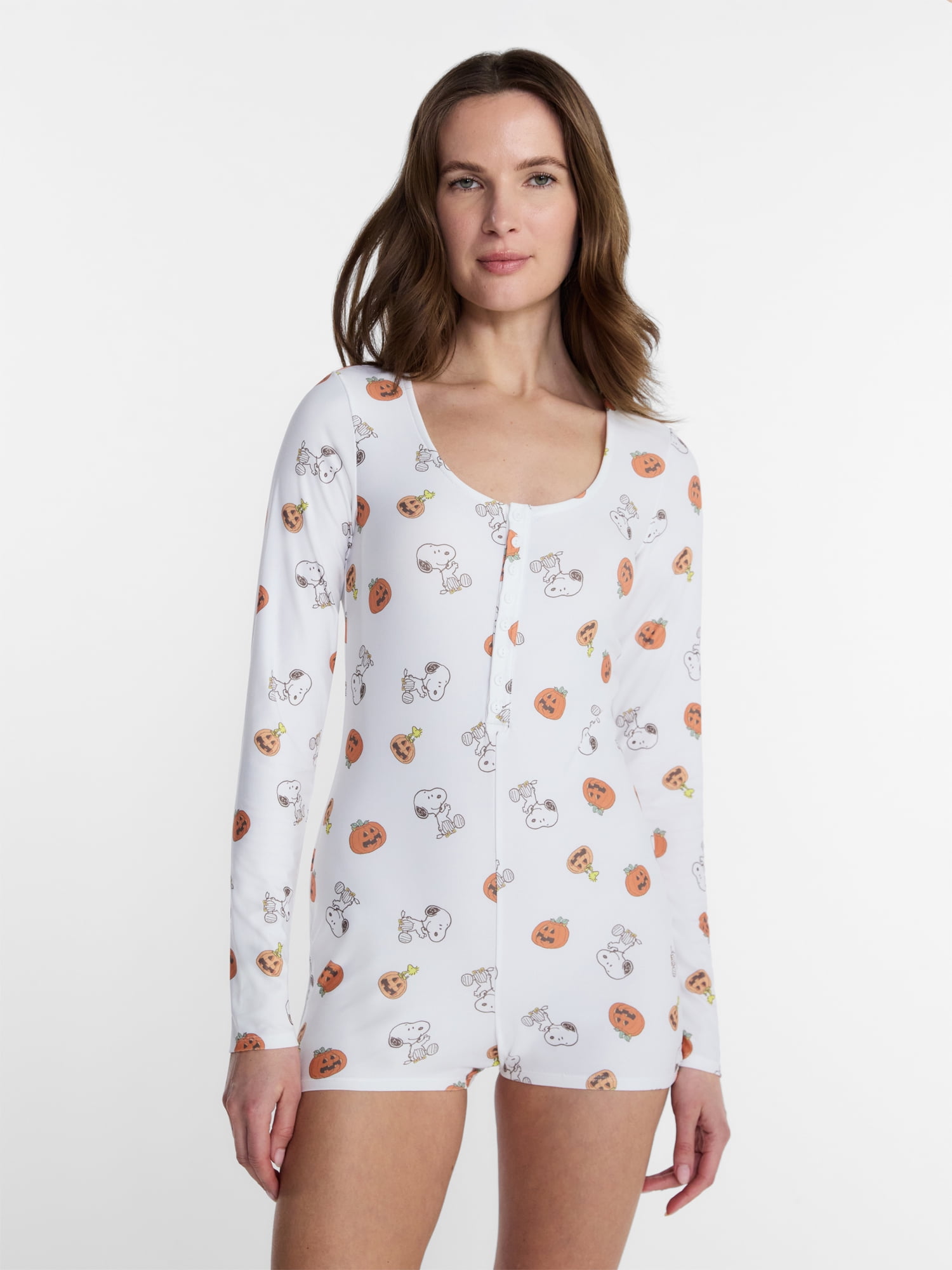 Peanuts Snoopy Women's and Women's Plus Pumpkin One Piece Sleep Romper, Sizes XS-2X