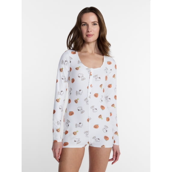 Peanuts Snoopy Women's and Women's Plus Pumpkin One Piece Sleep Romper, Sizes XS-2X
