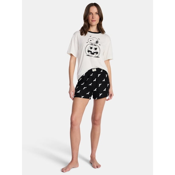 Peanuts Snoopy Women's and Women's Plus Pumpkin Tee and Shorts Sleep Set, 2-Piece, Sizes XS-2X