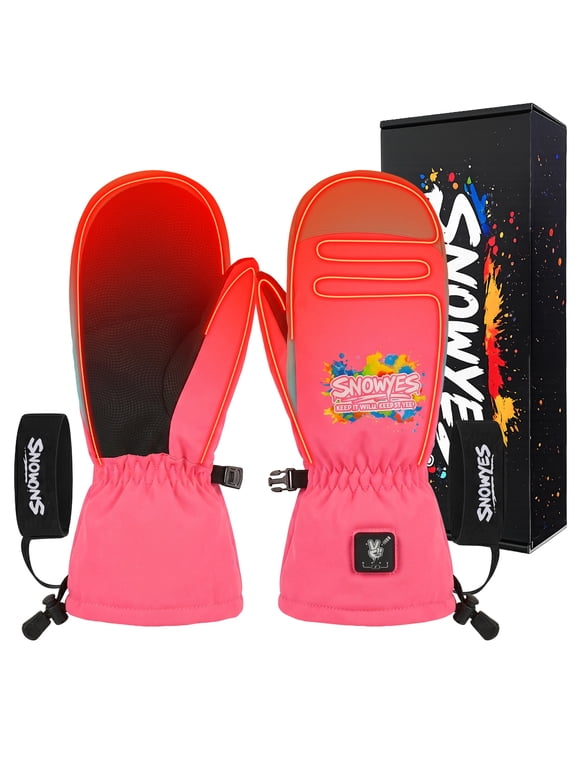 Kids Heated Mittens Rechargeable, Full Hand Heating, Touch Screen Thumb, Thermal Winter Mittens for Ski Snowboarding