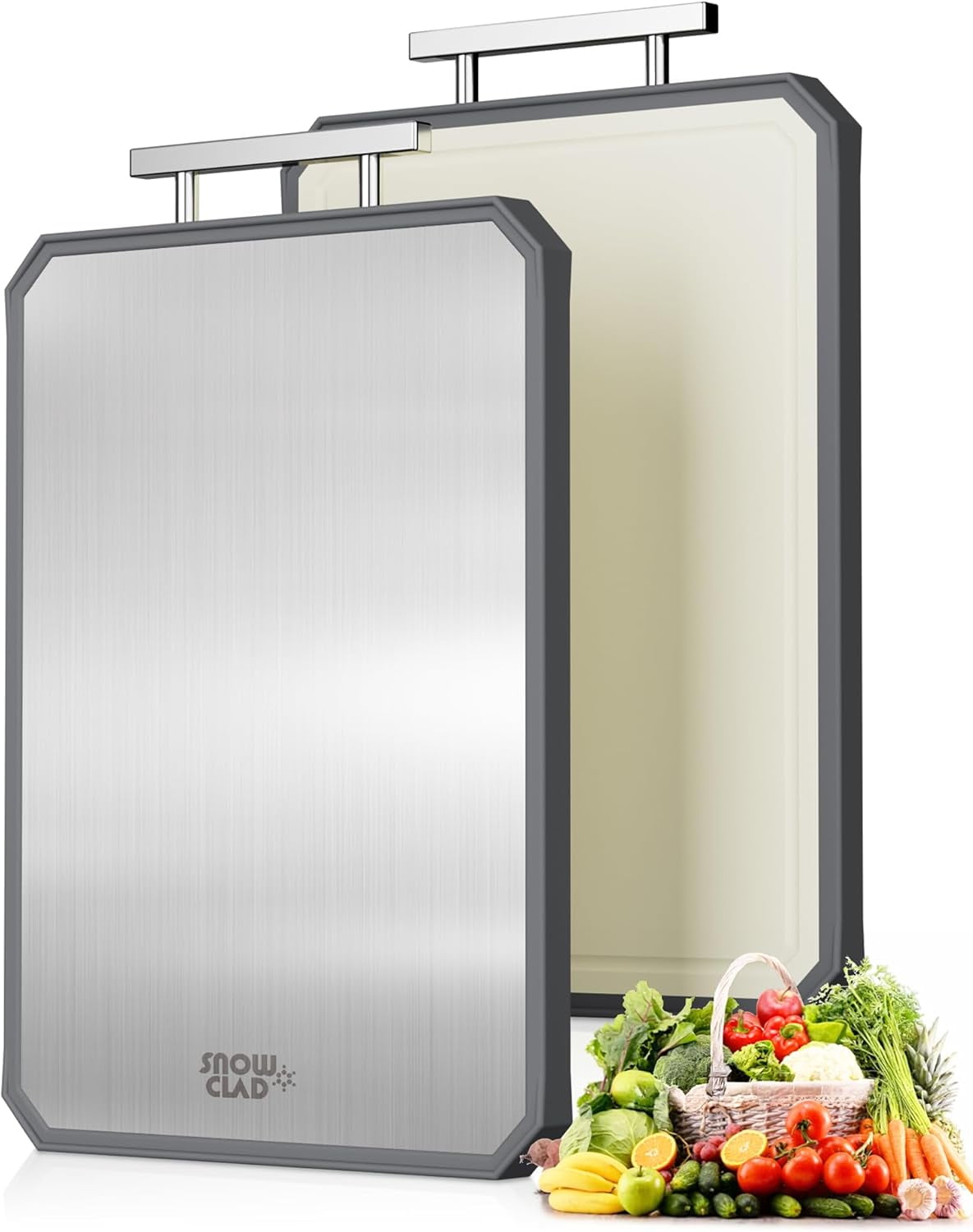 SNOWCLAD Stainless Steel ,Double Sided Steel Bread Boards for kitchen,Stainless Steel/Wheat straw pp Large Board for meat,non toxic Chopping,16 * 11 Inch,Dishwasher Safe