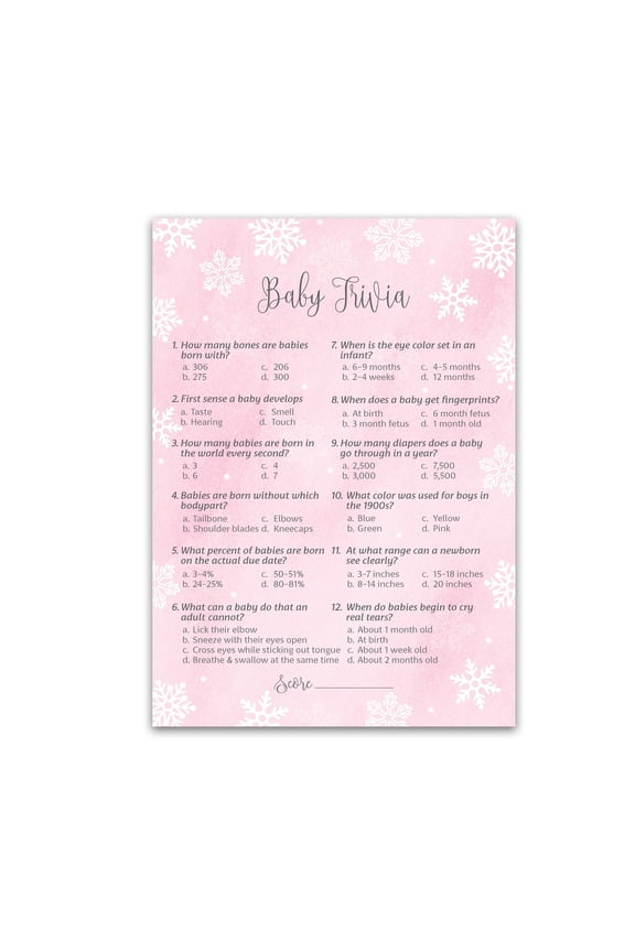 SNOWFLAKES Baby Shower Game  BABY TRIVIA Game  Pack of 25  WINTER Baby Shower Game, Fun Baby Facts Game Its cold outside Frost Holiday Baby Shower Activity PINK Girl Baby Shower Game SKU G780-TRV