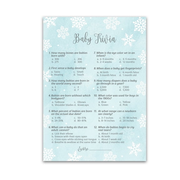 SNOWFLAKES Baby Shower Game BABY TRIVIA Game Pack of 25 WINTER Wonderland Baby Shower Game, Fun Baby Facts Game Its cold outside Holiday Baby Shower Activity BLUE Boy Baby Shower Game G781-TRV