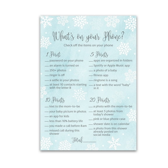 SNOWFLAKES WHAT'S ON YOUR PHONE Baby Shower Game Pack of 25 WINTER BLUE Boy Baby Shower Game, Baby Its Cold Frost Holiday Christmas Theme Baby Shower Activity Couples Co-ed Shower G781-PHN