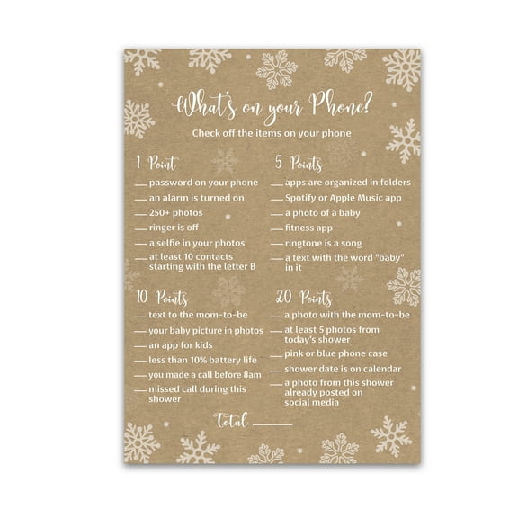 SNOWFLAKES WHAT'S ON YOUR PHONE Baby Shower Game Pack of 25 WINTER Baby Shower Game, Rustic Kraft Brown Its Cold Frost Holiday Gender Reveal Baby Shower Activity Couples Co-ed Shower G782-PHN