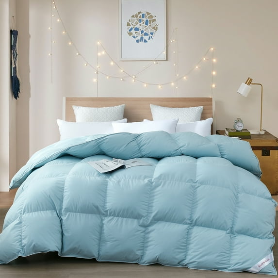 SNOWMAN Blue Goose Down Feather Comforter King Size,Classic All Season Fluffy Warm Ultra Soft ,Hypoallergenic Machine Washable 106x90inches