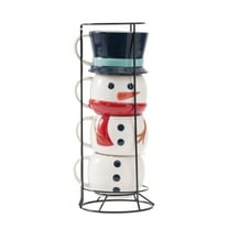 Snowman Stacking Ceramic Mug Set with Rack 12 OZ 5-Piece Holiday Time