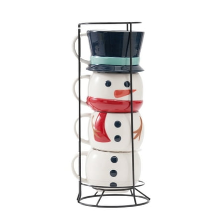 Snowman Stacking Ceramic Mug Set with Rack 12 OZ 5-Piece Holiday Time