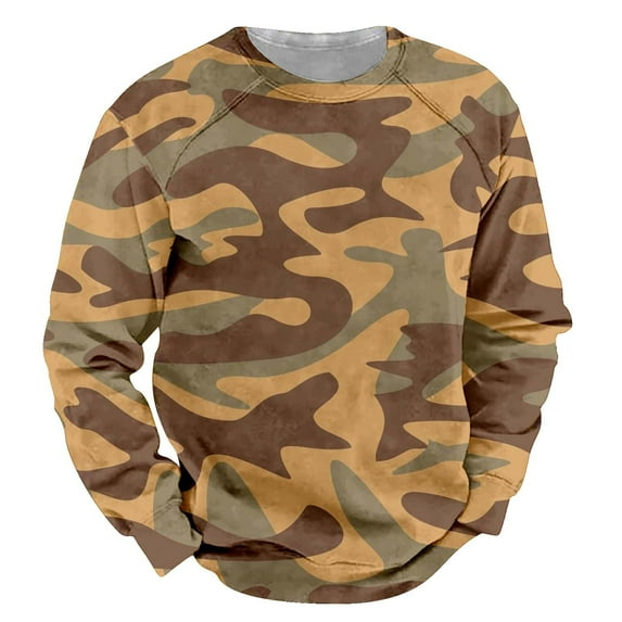 SNOWSONG Camo Sweatshirt, Big and Tall Sweatshirt Men's Fall Long Sleeve Round Neck Hoodless Sweatshirt Camouflage Printed Top, Long Sleeve Shirts for Men, Mens Fall Shirts D S