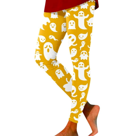 SNOWSONG Halloween Leggings for Women, Plus Size Leggings Women's Holiday Casual Halloween Printed Leggings Workout Exercise Bottoms, Womens Leggings, Tummy Control Leggings Yellow L