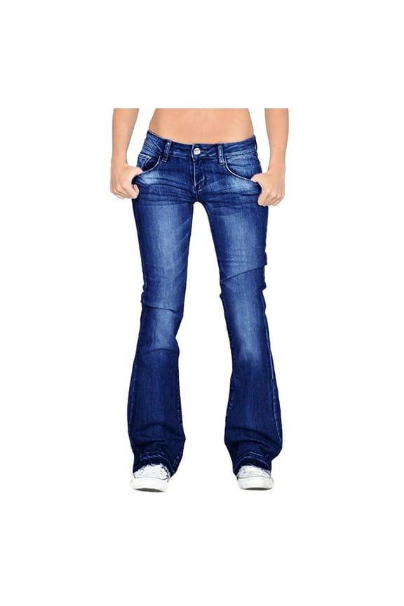 Clearance! Jeans for Women, Butt Lifting Low Rise Flamingo Jeans for Women Trendy Stretch Wide Leg Pants Denim Navy XS