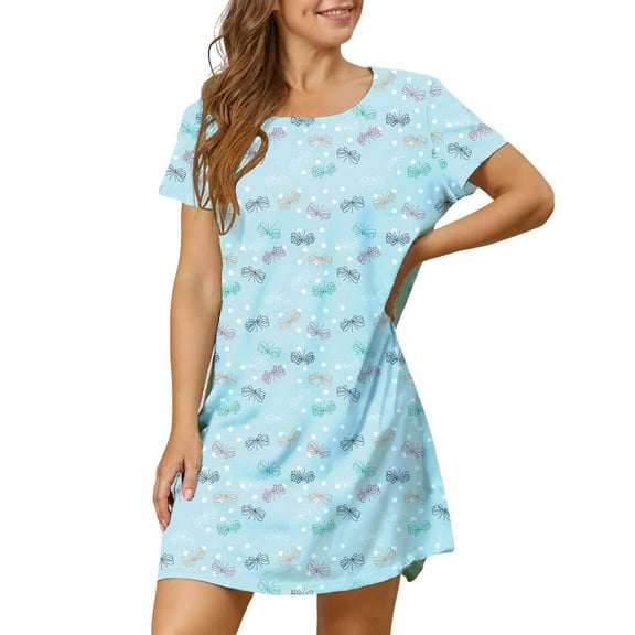 SNOWSONG Nightgowns for Women, Nighties for Women Cotton Nightdress Sleep Tee Short Sleeves Print Nightshirt Soft Sleepwear Sky Blue M