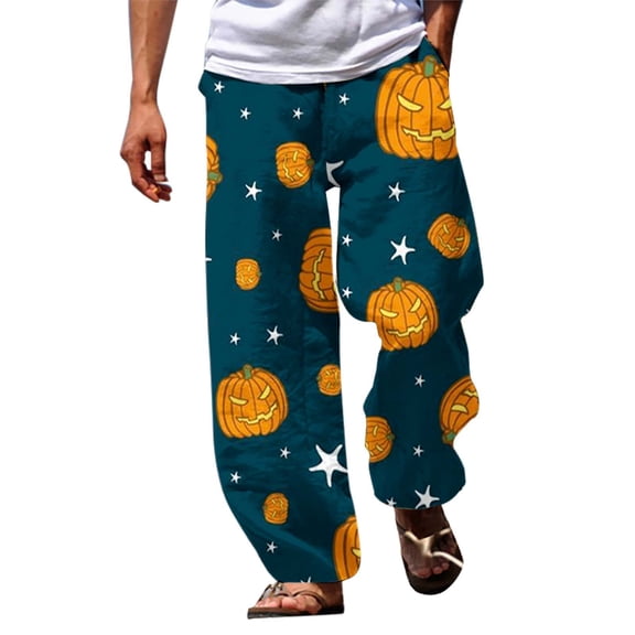 SNOWSONG Pants for Men, Halloween Pants Men's Casual Pants Halloween Pumpkinhead Beach Pants with Pockets, Baggy Pants Men, Halloween Pajamas C M
