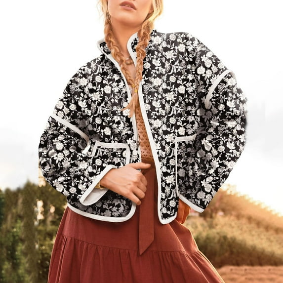 SNOWSONG Quilted Jackets for Women, Warm Quilted Jacket for Women Ethnic Long Sleeve Floral Print Snap Button Coat with Pockets, Floral Jackets, Coats for Women Black L
