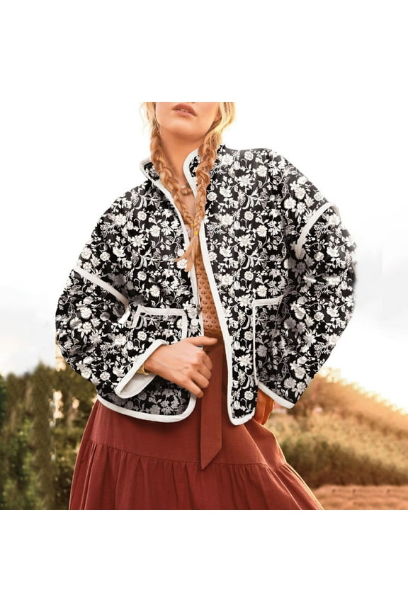 Quilted Jackets for Women, Warm Quilted Jacket for Women Ethnic Long Sleeve Floral Print Snap Button Coat with Pockets, Floral Jackets, Coats for Women Black L