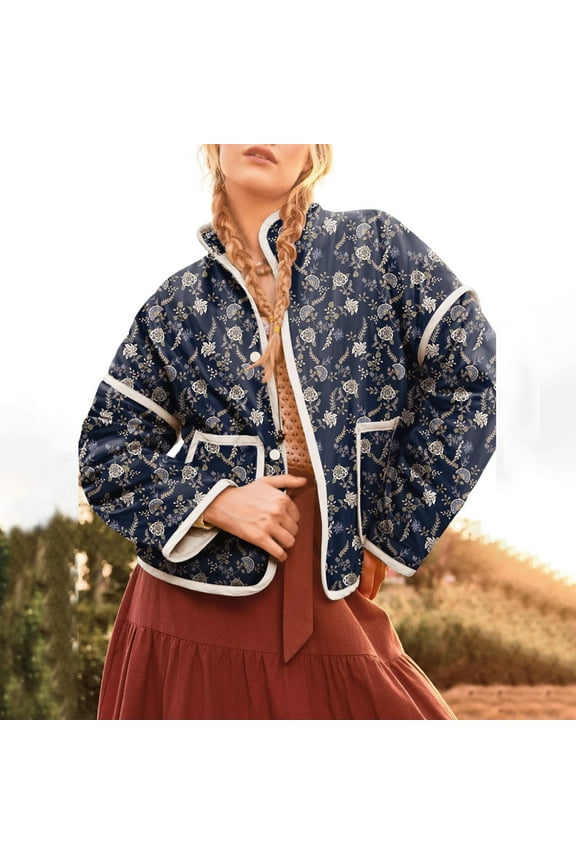 Clearance! Quilted Jackets for Women, Warm Quilted Jacket for Women Ethnic Long Sleeve Floral Print Snap Button Coat with Pockets, Floral Jackets, Coats for Women Navy L