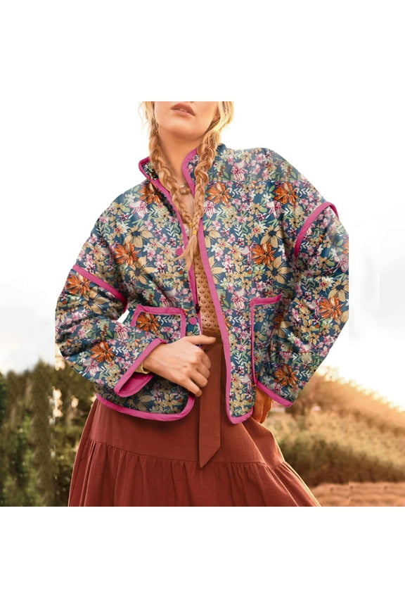 Quilted Jackets for Women, Warm Quilted Jacket for Women Ethnic Long Sleeve Floral Print Snap Button Coat with Pockets, Floral Jackets, Coats for Women Red M